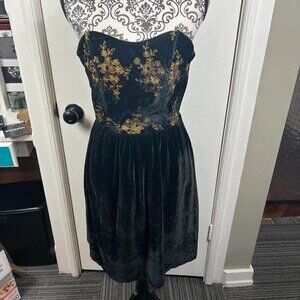 Naf Naf black velvet strapless fit n flare dress with gold floral embroidery